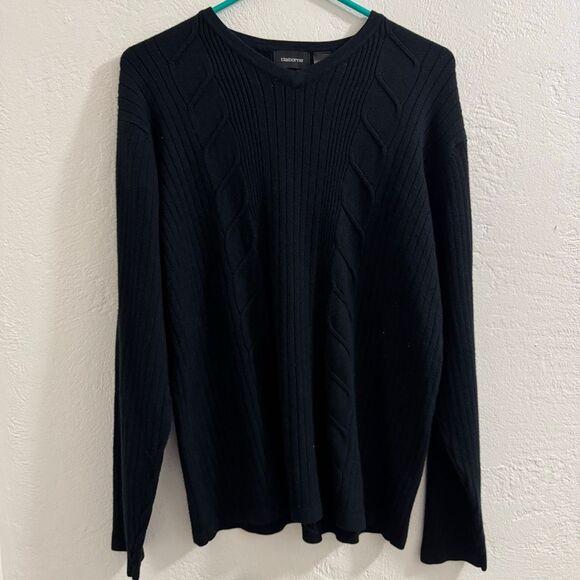 Claiborne Unisex Black Cable Knit Pullover V-Neck Sweater M - Picture 1 of 4